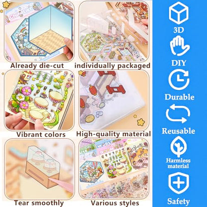 DIY 3D Sticker Scene,8 Sets Pack(500+),Reusable Sticker Book | Cute Sets for Free Combination, Cute Waterproof for Anywhere, Crafts Party Favors Birthday Gift - style: L 3-in-1 8P
