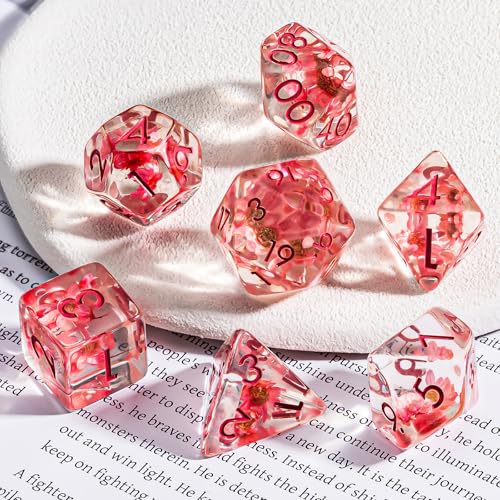 Flower Resin D&D Dice Set, 7pcs Polyhedral Dice for Dungeons and Dragons, RPG, MTG, Role Playing Games (D4, D6, D8, D10, D12, D20, D%) - color: Pink Flowers