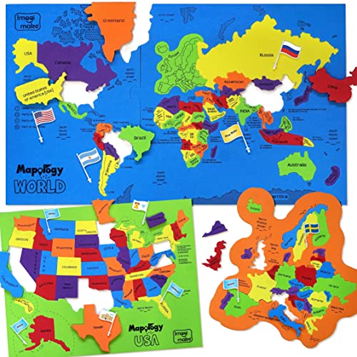Imagimake Mapology USA & World Map Puzzle with Flags, Capitals, Stickers | Educational Toys for Ages 5-7 | Jigsaw Puzzles for Kids Ages 8-10 | Geography Toys for Age 8-13 | 6 Year Old Boy & Girl Gifts - style: USA & World Map