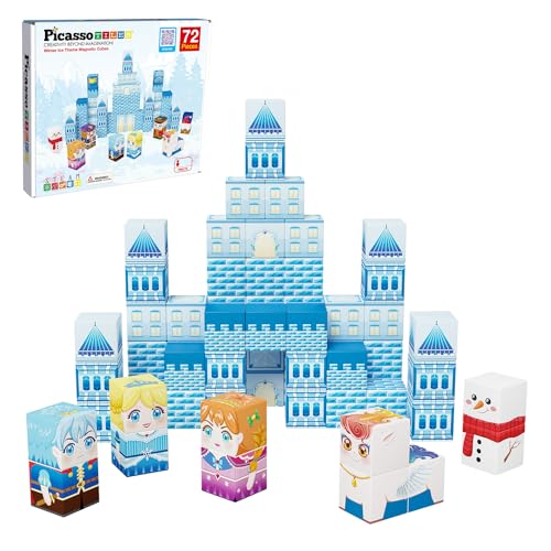 PicassoTiles Magnet Cube Winter Ice Themed Mix and Match Building Block Castle Construction Toy with 7 Magnetic Cubed Character Action Figures STEM Learning Education Sensory Pretend Play Age 3+ PMC72 - color: Winter Ice Themed