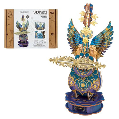 3D Wooden Puzzles for Adults, Mechanical Cello Music Box Kit with Base, DIY Wooden Model Kits to Build, Birthday Valentine's Day Gifts for Women Men, Music Box Puzzle Lover - color: Blue Feather Cello