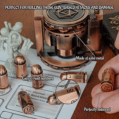 CZYY Metal Polyhedral Bullet Dice Set with Spinning Revolver Cylinder Case | Complete 7-Dice Set, Solid Metal, RPG Fidget Tool, Accessories for DND, Sci-Fi, Western & Tabletop Game Themes, Copper - color: Copper