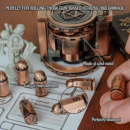 CZYY Metal Polyhedral Bullet Dice Set with Spinning Revolver Cylinder Case | Complete 7-Dice Set, Solid Metal, RPG Fidget Tool, Accessories for DND, Sci-Fi, Western & Tabletop Game Themes, Copper - color: Copper