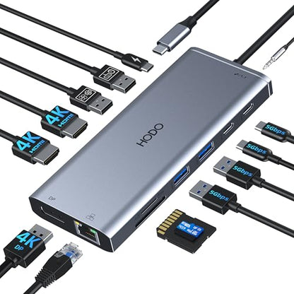 USB C Docking Station Dual Monitor for HP,Laptop Docking Station 3 Monitors | USB C Hub Dock Triple Display to 2 HDMI 4K,DP,Ethernet,6 USB,PD,SD/TF,USB C Adapter 14 in 1 Computer Docking Station for Dell