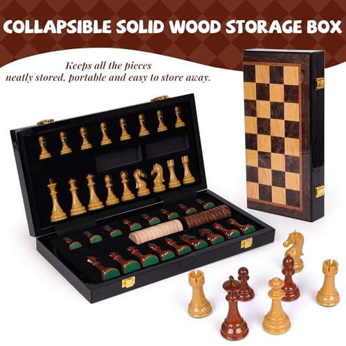 2 in 1 Chess Set and Checkers Board Game, 15 Inch Wooden Folding Chess Board with Acrylic Chess Pieces and Wooden Checkers, Classic Strategy Game Set for Kids and Adults, Travel Chess Set
