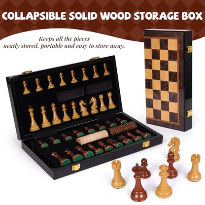 2 in 1 Chess Set and Checkers Board Game, 15 Inch Wooden Folding Chess Board with Acrylic Chess Pieces and Wooden Checkers, Classic Strategy Game Set for Kids and Adults, Travel Chess Set