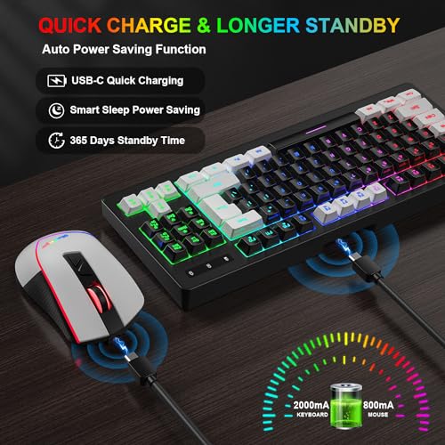 BlueFinger Wireless Gaming Keyboard and Mouse Combo, RGB Rainbow Backlit Rechargeable Battery, 87 Keys TKL Light Up Keyboard with Ergonomic Gaming Mouse for Mac Laptop Computer PC Gamer(White & Black) - color: White & Black