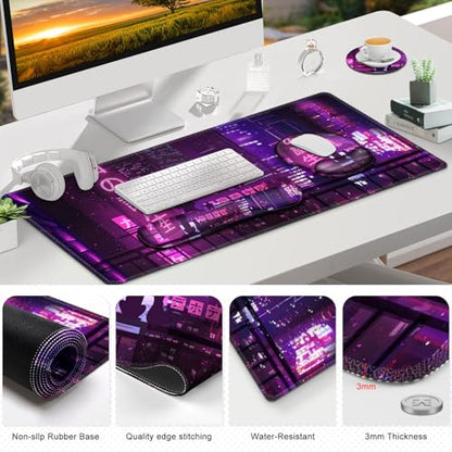 Gaming Mouse Pad, Large Desk Mat, Cute Desk Pad, 4in1 XXL Mousepad + Keyboard Wrist Rest+Mouse Wrist Rest+Coaster Set with Ergonomic Desk Pad for Home Office Table Computer, Purple Anime Neon - color: Purple Anime Neon