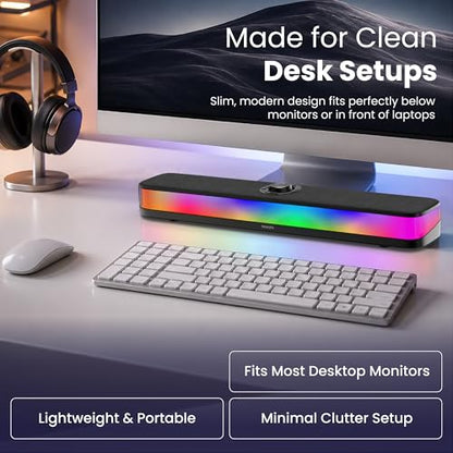 PHILIPS PC Sound Bar, Computer Speakers for Desktop, Bluetooth 5.4 Soundbar with Built-in Microphone, Clear Audio, RGB Lights with Volume Knob, USB Playback, for Laptop, Monitor, Gaming Setup