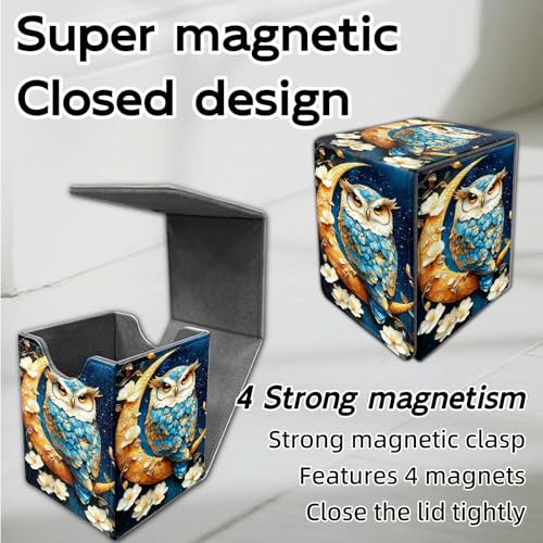 for MTG Deck Box, Trading Card Storage Case Holds 100+ Sleeved Cards, Owl on Golden Crescent Moon with Flowers Magnetic Closure Durable Deck Holder for Magic The Gathering, TCG & Commander - color: Owl on Golden Crescent Moon with Flowers