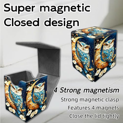 for MTG Deck Box, Trading Card Storage Case Holds 100+ Sleeved Cards, Owl on Golden Crescent Moon with Flowers Magnetic Closure Durable Deck Holder for Magic The Gathering, TCG & Commander - color: Owl on Golden Crescent Moon with Flowers