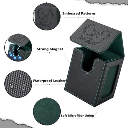 Elf Themed MTG Deck Box with Commander Display Window (Black＆Green) | Holds 120 Single/100 Double-Sleeved Cards, Fit MTG/PTCG/OPTCG Cards, Strong Magnet, PU Leather, With 2 Dividers & 1 Toploader - color: Elf