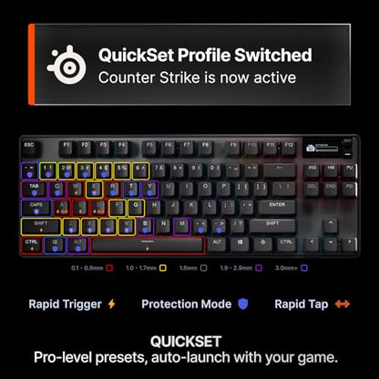 SteelSeries Apex Pro TKL Gen 3 Gaming Keyboard - OmniPoint 3.0 Analog Magnetic Switches, Quickset Auto-Presets (Rapid Trigger, Rapid Tap/SOCD, Protection Mode), OLED, RGB, PBT Keycaps, 2.4G+BT, Black - color: Black, size: Pro TKL, style: Gen 3 Wireless