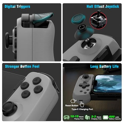 Joso Wireless Phone Controller for iPhone/Android, Mobile Game Controller with Hall Joystick Suitable for Xbox Cloud Gaming, PS Remote Play, Steam Link, Call of Duty & More - Gray - color: Gray | D6