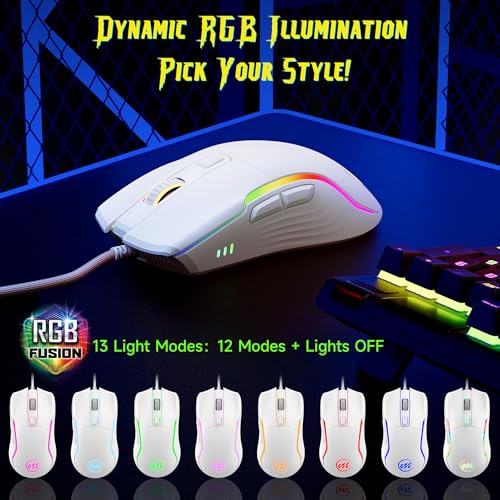 memzuoix Wired Gaming Mouse with RGB - 6 Adjustable DPI up to 12800, 6 Buttons, 12 Lighting Modes, Ergonomic Design with Anti-Slip Rubber Wheel, 5.6ft Braided Cable for PC/Mac/Windows - White - color: White