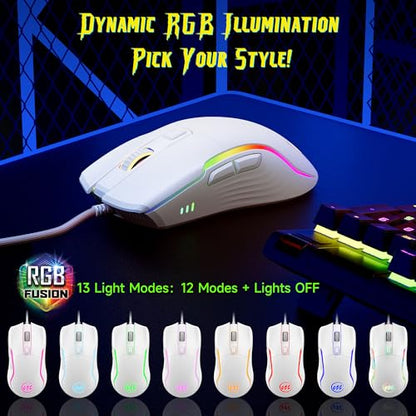 memzuoix Wired Gaming Mouse with RGB - 6 Adjustable DPI up to 12800, 6 Buttons, 12 Lighting Modes, Ergonomic Design with Anti-Slip Rubber Wheel, 5.6ft Braided Cable for PC/Mac/Windows - White - color: White
