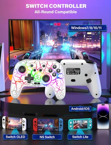 ZRZLMVP Switch Controllers Wireless for Nintendo Switch/OLED/Lite/Switch 2 | 1000mAh Switch Pro Controller Rechargeable, Switch Control with Turbo, Vibration, 6 Axis Gyro, Wake Up, 9 Colors LED Light - color: White