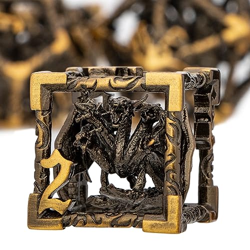 ARUOHHA Hollow DND Dice Set Antique Gold 5-Headed Dragons D and D Dice with Gift Box, Role Playing Games 7PCS RPG Metal Dungeons Polyhedral Dice D20 D12 D10 D8 D6 D4 - color: Ancient Gold-02
