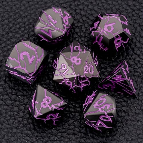 D&D Metal Dice Set with Gift Case, Polyhedral Dice for RPG with Cracks, Sharp Edge - color: Matt Black Purple