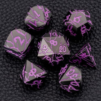 D&D Metal Dice Set with Gift Case, Polyhedral Dice for RPG with Cracks, Sharp Edge - color: Matt Black Purple