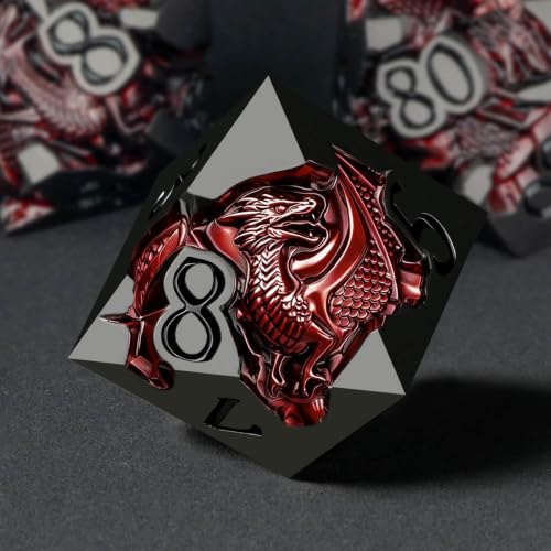 Roycevon Relief Dragon DND Dice Set for Role Playing Game, 7Pcs Metal D&D Dice Set Dungeons Dragons with Gift Box, Polyhedral D and D Dice D20 D12 D10 D8 D6 D4, Red and Black - color: Red