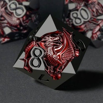 Roycevon Relief Dragon DND Dice Set for Role Playing Game, 7Pcs Metal D&D Dice Set Dungeons Dragons with Gift Box, Polyhedral D and D Dice D20 D12 D10 D8 D6 D4, Red and Black - color: Red