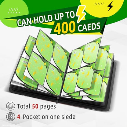 Trading Card Binder 4 Pocket,400 Pocket Card Collection Binder with 50 Removable Sleeves,PU Waterproof Top Card Book,3-Ring Zipper Collectible Trading Card Album for MTG/TCG/Card Holder Gift（Green） - color: Green, size: Small