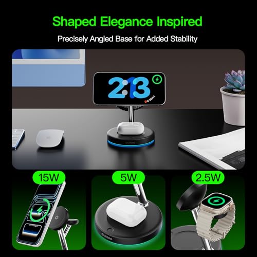 【Adjustable Blue Ambient Light】 Wireless Charger 3 in 1 for iPhone, Magnetic Charging Station for Apple Family,15W Fast MagSafe Charger Stand,for iPhone17-12-iWatch AirPods Series - color: Black