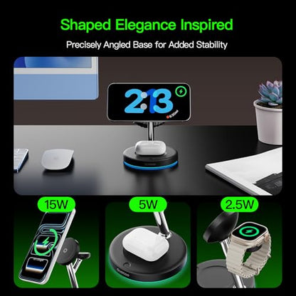【Adjustable Blue Ambient Light】 Wireless Charger 3 in 1 for iPhone, Magnetic Charging Station for Apple Family,15W Fast MagSafe Charger Stand,for iPhone17-12-iWatch AirPods Series - color: Black