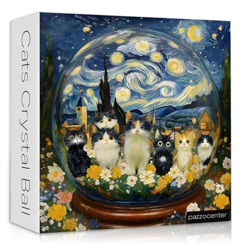 Cat Puzzles for Adults 1000 Pieces, Impossible Kitty Crystal Ball Flowers Jigsaw Puzzles, Van Gogh Starry Night Puzzle, Beautiful Kitten Floral Oil Painting Home Decor - style: Cats Crystal Ball puzzle
