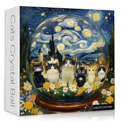 Cat Puzzles for Adults 1000 Pieces, Impossible Kitty Crystal Ball Flowers Jigsaw Puzzles, Van Gogh Starry Night Puzzle, Beautiful Kitten Floral Oil Painting Home Decor - style: Cats Crystal Ball puzzle