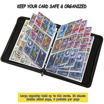 LIMSTDIC Card Binder with Sleeves - 9-Pockets Card Binder Holder Compatible with TCG Trading Cards, Card Storage Album with Zipper for Boys Girls Organized Holds Up to 900 Cards - color: Black 900