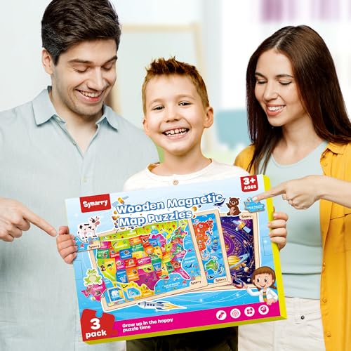 SYNARRY Large USA World Solar System Wooden Magnetic Puzzles for Kids Ages 4-6, Wood Puzzles Educational Games Toys Easter Gifts for Toddlers, United States World Space Map for Boys Girls Ages 3-5 4-8 - style: Magnetic USA World Solar System