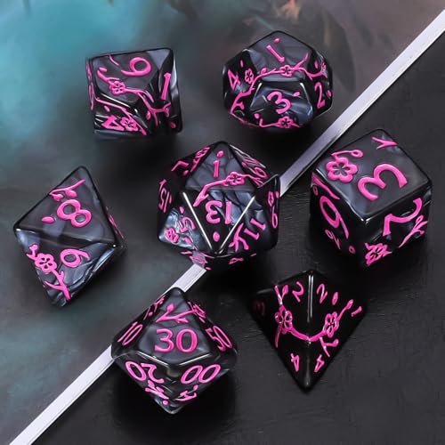 CiaraQ 7pcs Polyhedral Dice Set for Dungeon and Dragons MTG Table Games | Acrylic Role Playing Dice for D&D with Black Velvet Bag – Black Pearl with Pink Numbers & Plum Blossom Patterns - color: Black and Pink Floral Dice