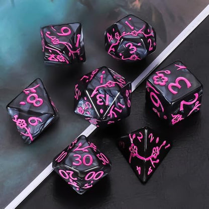 CiaraQ 7pcs Polyhedral Dice Set for Dungeon and Dragons MTG Table Games | Acrylic Role Playing Dice for D&D with Black Velvet Bag – Black Pearl with Pink Numbers & Plum Blossom Patterns - color: Black and Pink Floral Dice