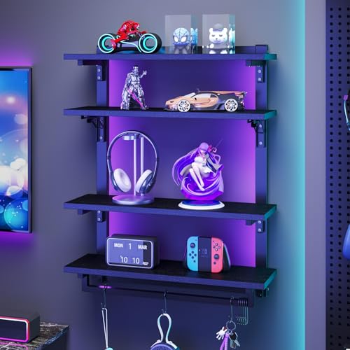 Spacesea Foldable Gaming Floating Shelves with Adjustable Shelf, 24 Inch Wall Mounted Shelves with Dynamic LED, 4 Tier Wall Mounted Shelves with Towel Bar & 8 Hooks, Cool Wall Display Rack