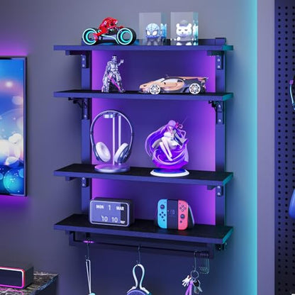 Spacesea Foldable Gaming Floating Shelves with Adjustable Shelf, 24 Inch Wall Mounted Shelves with Dynamic LED, 4 Tier Wall Mounted Shelves with Towel Bar & 8 Hooks, Cool Wall Display Rack
