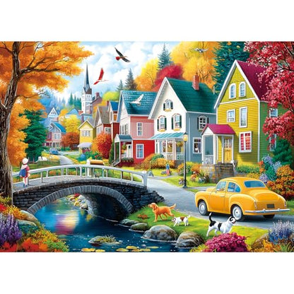 MINIWAN Cozy Autumn Small Town River Puzzles for Adults 1000 Pieces, Colorful Fall Village Houses Bridge Dog Jigsaw Puzzle, Gift for Landscape & Countryside Lovers 27.5x19.7 Inch - color: Autumn Village