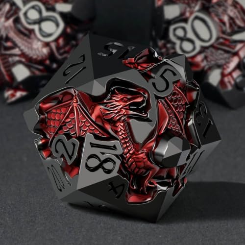 Roycevon Relief Dragon DND Dice Set for Role Playing Game, 7Pcs Metal D&D Dice Set Dungeons Dragons with Gift Box, Polyhedral D and D Dice D20 D12 D10 D8 D6 D4, Red and Black - color: Red