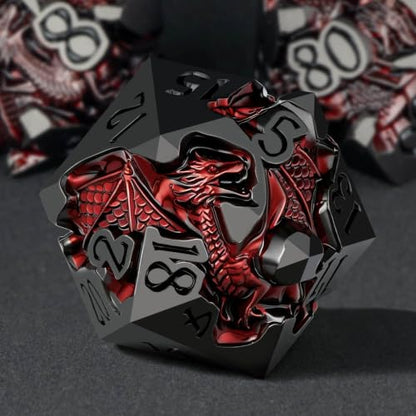 Roycevon Relief Dragon DND Dice Set for Role Playing Game, 7Pcs Metal D&D Dice Set Dungeons Dragons with Gift Box, Polyhedral D and D Dice D20 D12 D10 D8 D6 D4, Red and Black - color: Red