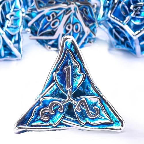 AUSTOR Metal DND Dice Set 7 Pieces Leaf DND Dice Hollow Polyhedral Dice D20 D12 D10 D% D8 D6 D4 Metal Dice with Metal Box for Dungeons & Dragons RPG Board Games (Blue & Silver) - color: Blue & Silver
