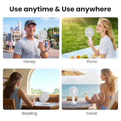 HandFan Quiet 6 Inch Handheld Fan [34H Max Cooling Time], 6 Speed Rechargeable Personal fan and Desktop with Base, 180° Foldable for Travel Concerts Makeup Office (White) - color: whtie
