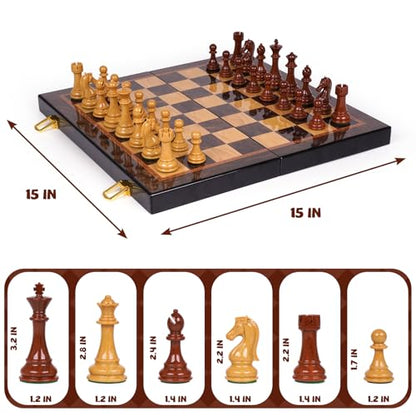2 in 1 Chess Set and Checkers Board Game, 15 Inch Wooden Folding Chess Board with Acrylic Chess Pieces and Wooden Checkers, Classic Strategy Game Set for Kids and Adults, Travel Chess Set