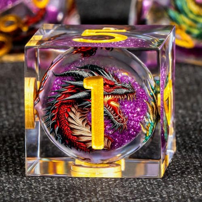 KERWELLSI Liquid Core Dragons Pattern Dice, Resin DND Dice Set with Gift Box, Purple and Gold Sharp Edged Dungeons D&D Dice, Role Playing Game Dice D20 D12 D10 D8 D6 D4 - color: Purple and Gold