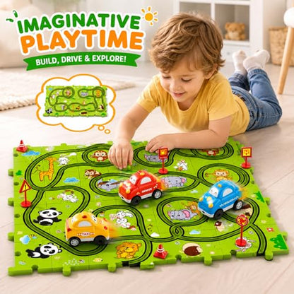 Beby Buty 64PCS Puzzle Race Track Car Set for Kids Boys, Floor Puzzle Tracks Car Toys for Boys Girls Ages 3-5 4-6, Toddler Toys Gifts for 3 4 5 Year Old, Ideal 3 4 5 6 Year Old Birthday Gifts - style: 64 PCS Animal Theme