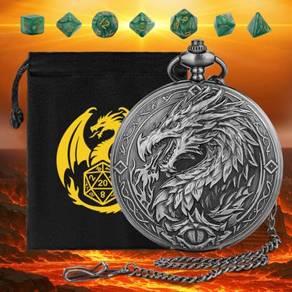 Mini DND Dice Set, 7-Piece Polyhedral Acrylic D&D Dice, with Steampunk Dragon Large Pocket Watch Case, DND Gift Bag with Dragon Logo, Role Play Board Game Accessories, Dark Silver + Green - color: Silver + Green