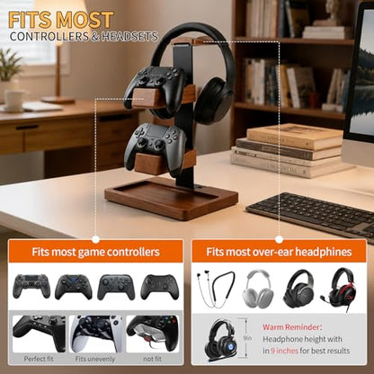 Headset Stand with Gaming Controller Holder, Wood Headphone Stand with Storage Base, Gaming Equipment Accessories for Desk