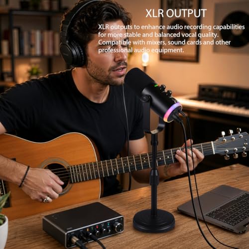 XLR USB Dynamic Microphone for Vocal Recording, Gaming, with Headphone Jack, Volume Control, Mute Button. Cardioid Microphone for Sound Cards, Mixers, PC, MAC (Microphone with Desk Stand) - size: Microphone with Desk Stand