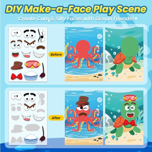Ocean Reusable Sticker Book for Toddlers, DIY Make-a-face Jelly Stickers | Make A Face & Scene Decoration Play, Washable and Reusable Jelly Stickers, Portable Travel Friendly, Airplane Trip Essentials - style: Ocean