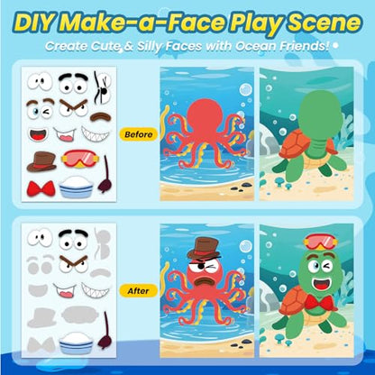 Ocean Reusable Sticker Book for Toddlers, DIY Make-a-face Jelly Stickers | Make A Face & Scene Decoration Play, Washable and Reusable Jelly Stickers, Portable Travel Friendly, Airplane Trip Essentials - style: Ocean